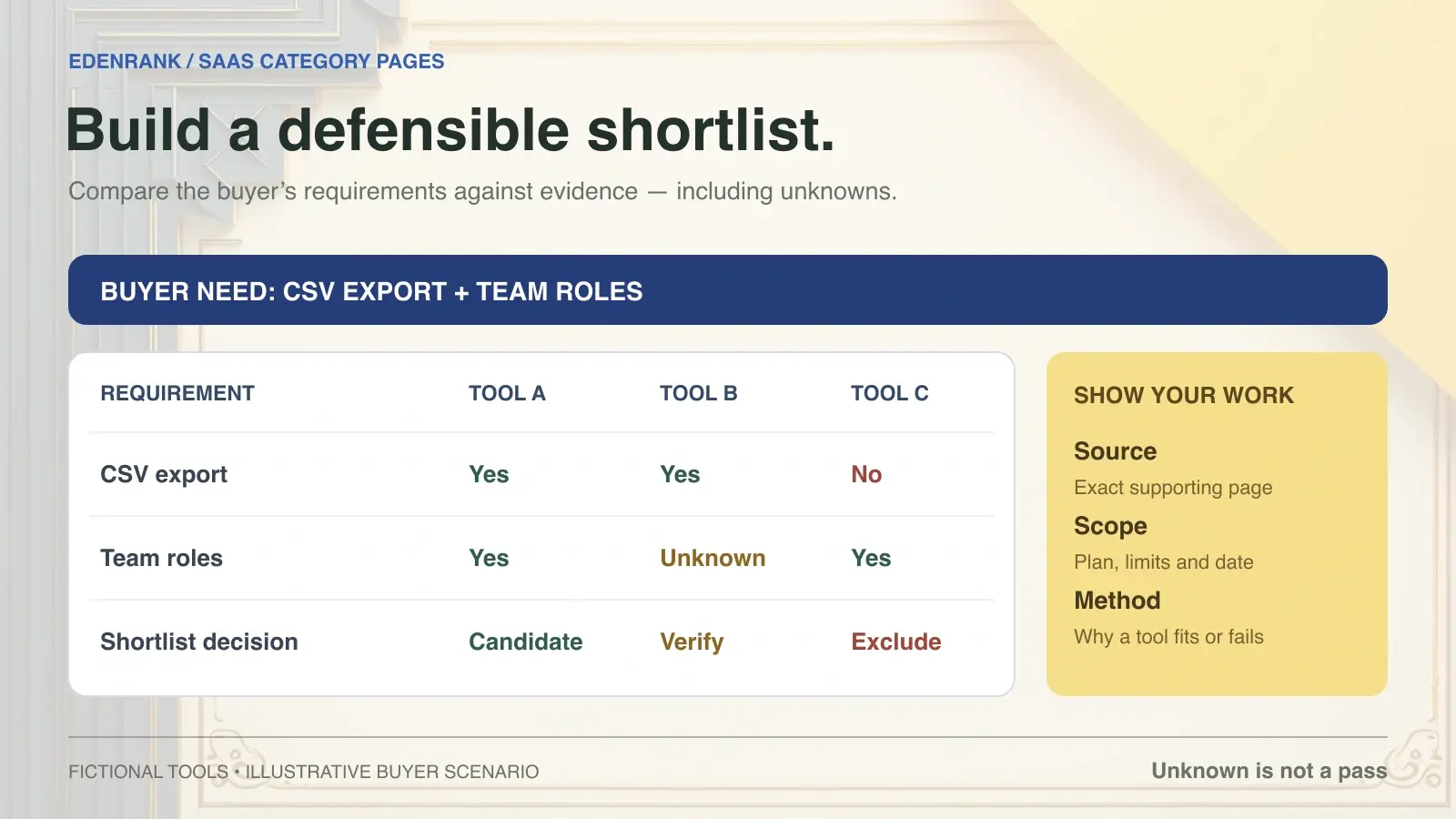 Fictional SaaS shortlist comparing CSV export, team roles and unresolved requirements against recorded evidence.