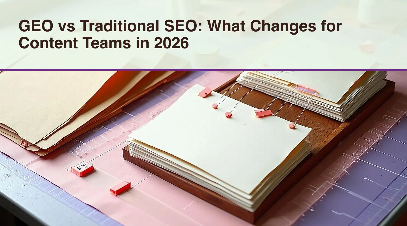 GEO vs Traditional SEO: What Changes for Content Teams in 2026: An overhead view of a printmaker's routing desk where coral-tabbed source cards are actively threaded into.