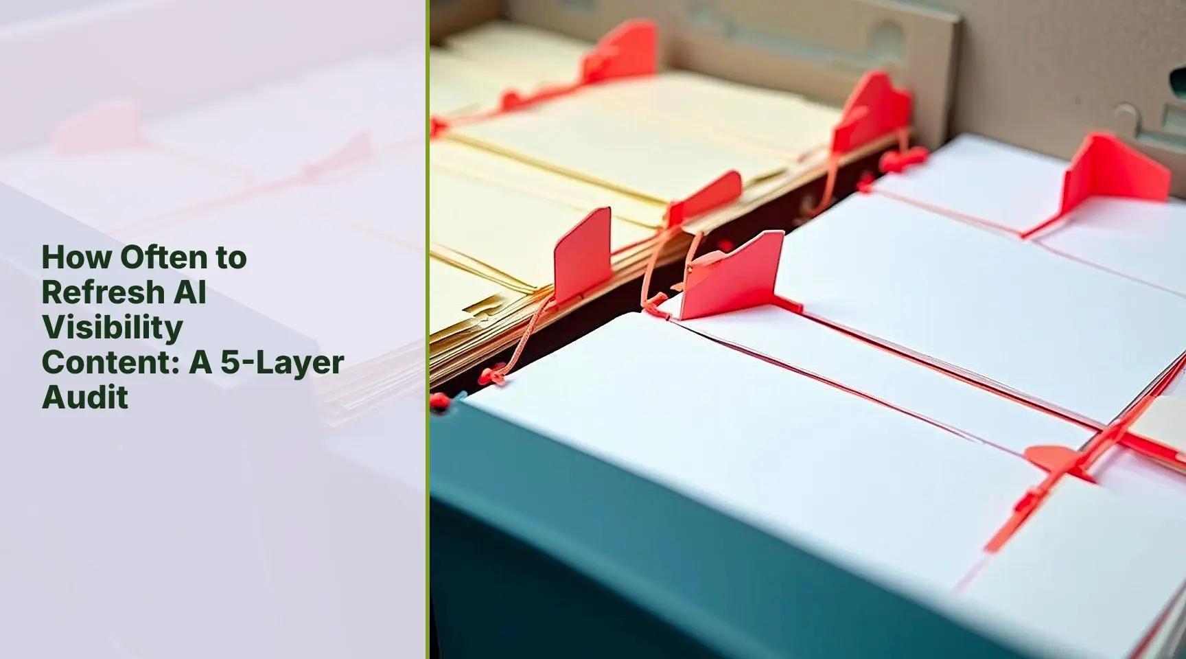 How Often to Refresh AI Visibility Content: A 5-Layer Audit: A close-up editorial cutaway of a precision routing desk comparing cited source cards anchored with proof tabs against.
