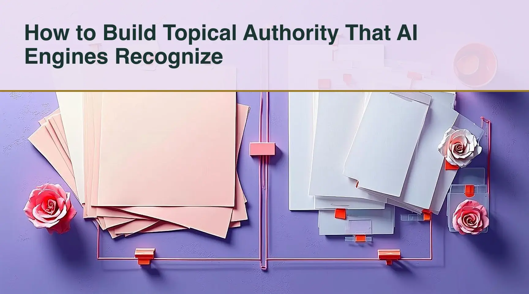 How to Build Topical Authority That AI Engines Recognize: An overhead editorial arrangement contrasting a routed network of coral-tabbed cards against a stack of disconnected pale.
