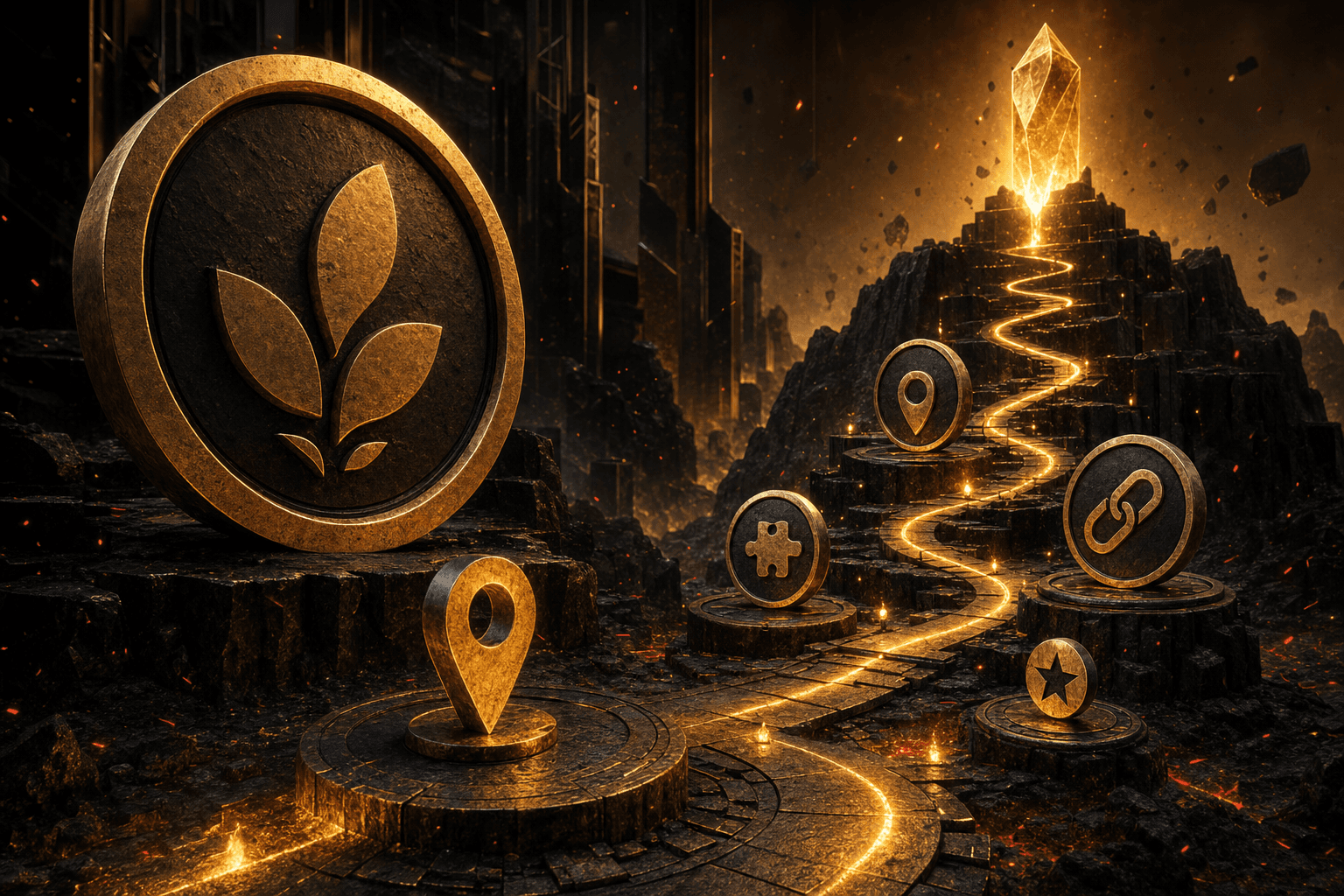 Abstract citation selection concept with source blocks and a glowing chosen route in a amber black proof forge
