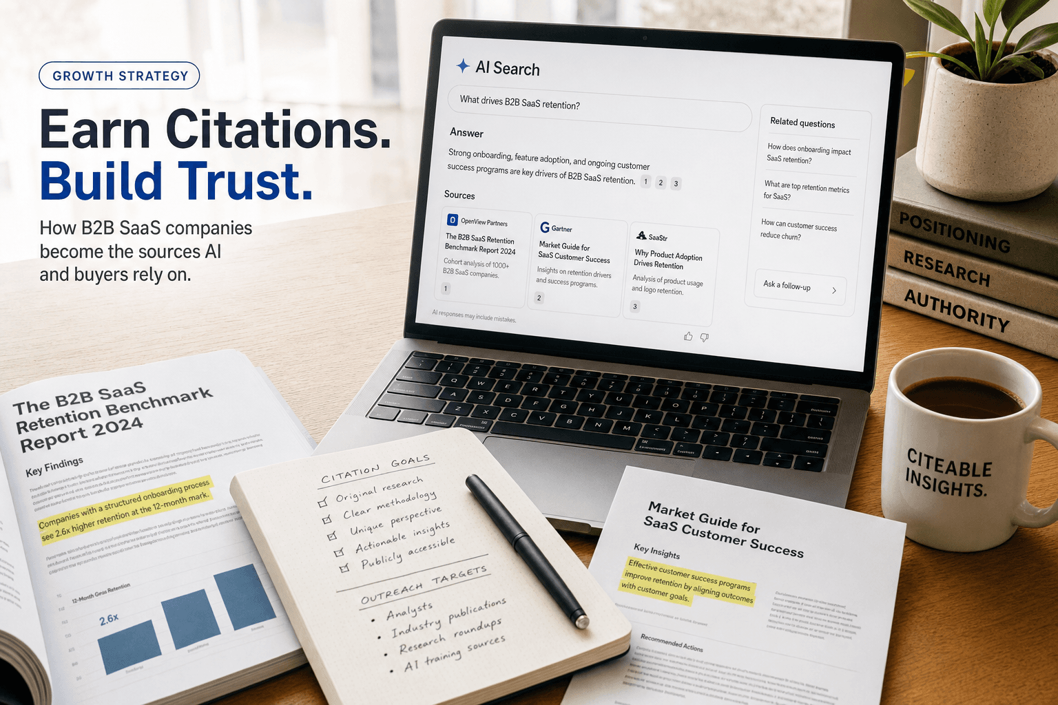 Editorial photo showing editorial composition centered on AI search citation evidence: laptop with cited source cards, printed pages with highlighted passages, annotated notes