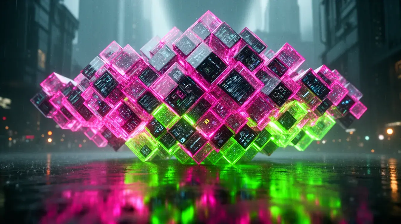 Crystalline knowledge graph structure with glowing schema data connections — Cited Microsoft Copilot Enterprise Search.