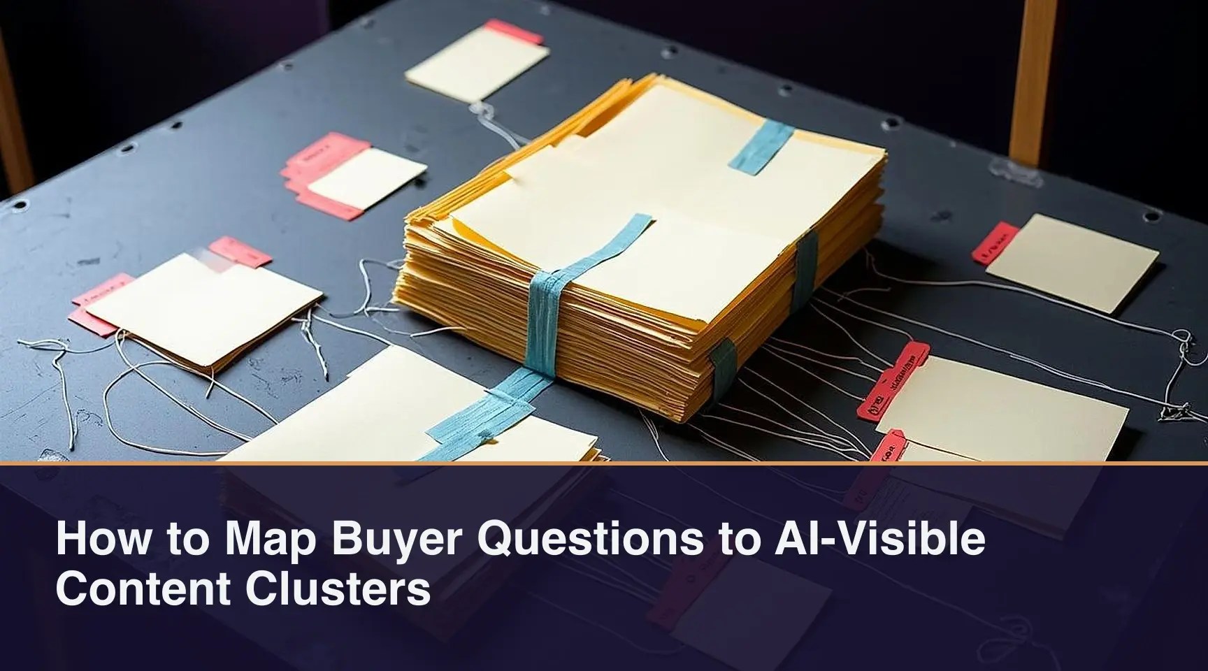 How to Map Buyer Questions to AI-Visible Content Clusters: An overhead view of a charcoal drafting table contrasting a tightly integrated cluster of routed reference files against.
