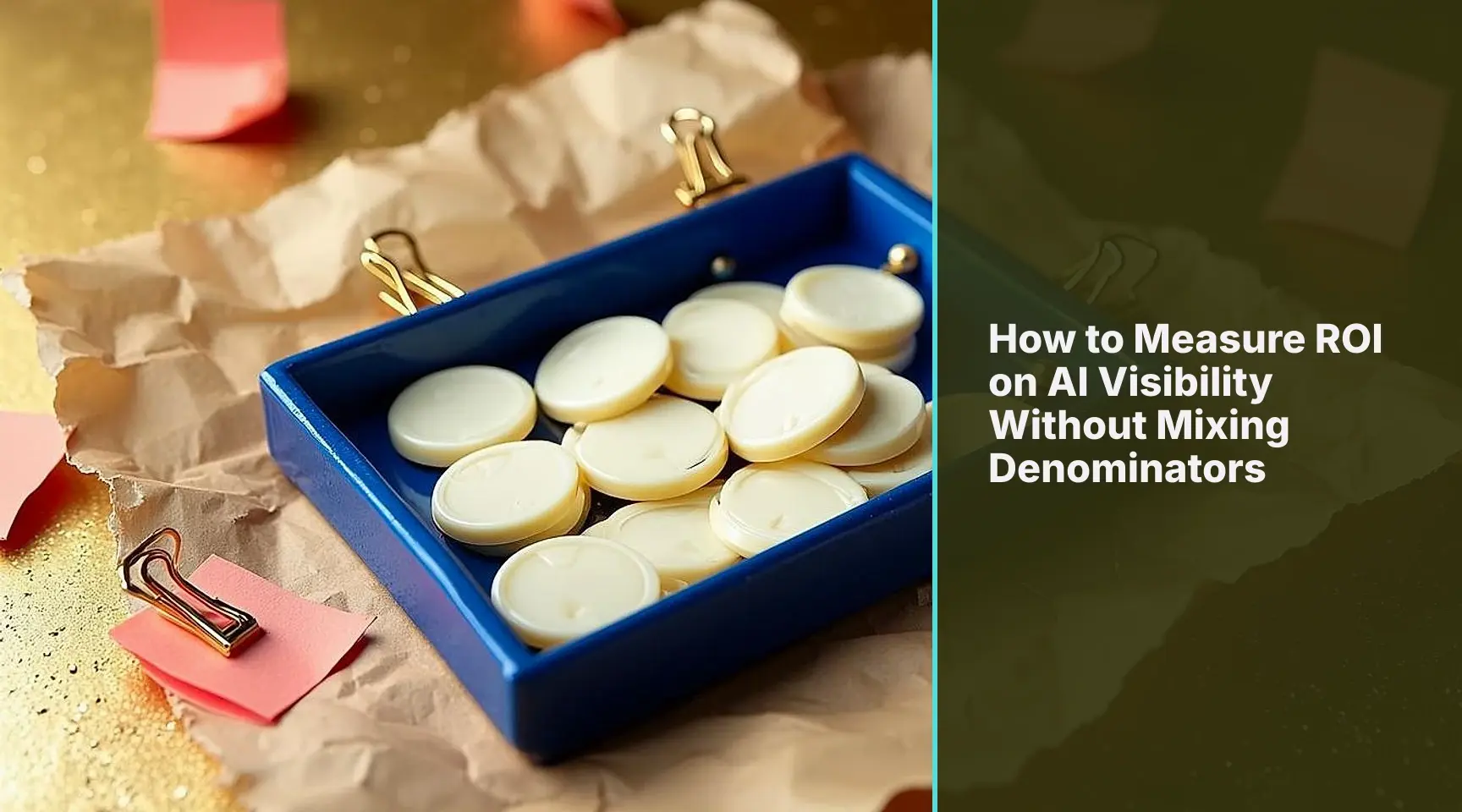 How to Measure ROI on AI Visibility Without Mixing Denominators: A precise evidence measurement still life on warm paper where a cobalt-bounded tray of total visit tokens frames a.