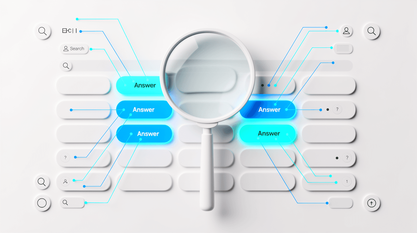 Magnifying glass inspecting Google AI Overview search result highlights — Optimize Content Google Answer Blocks.
