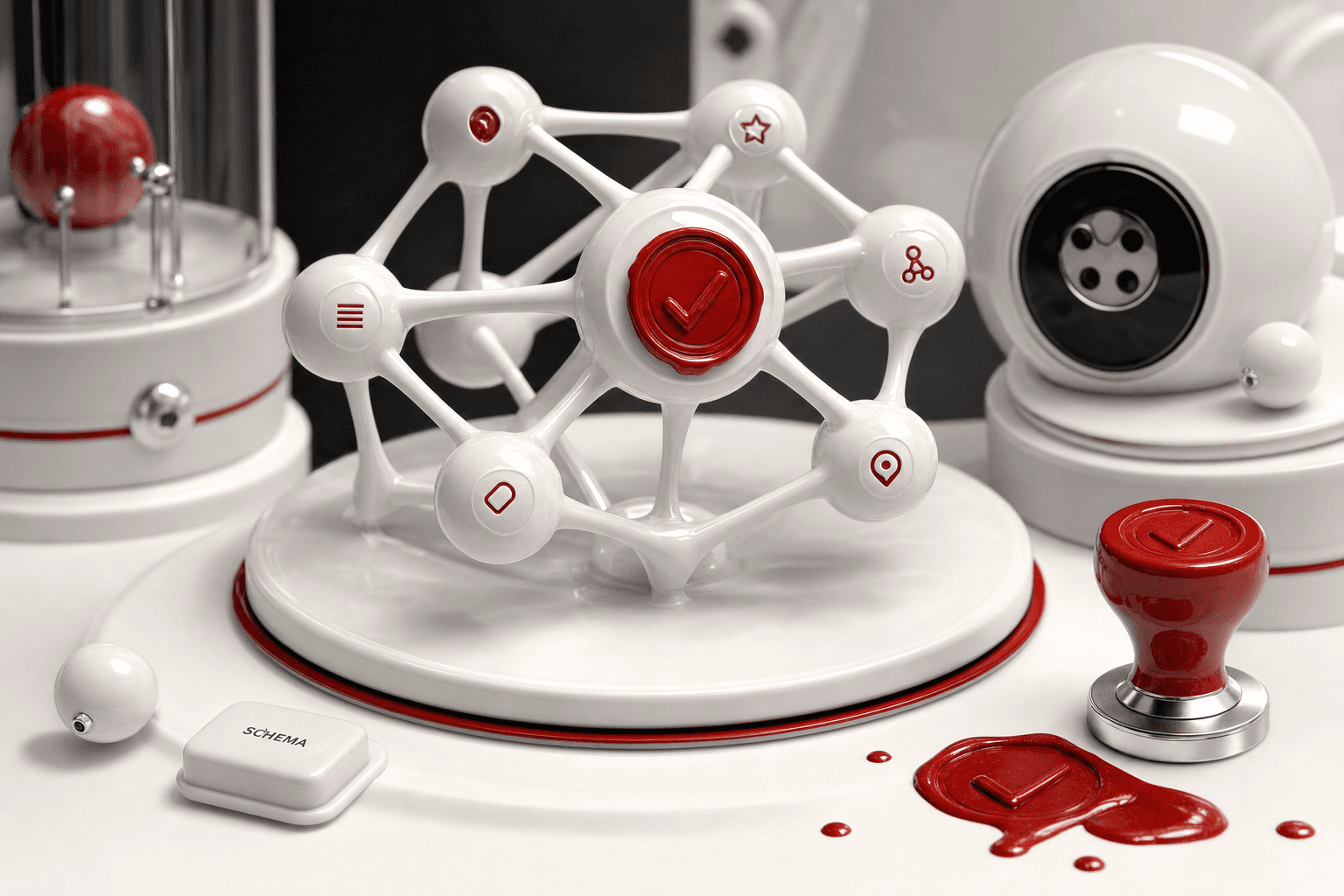 Abstract schema validation lattice with authority nodes and a glowing trusted route in a porcelain red validation lab