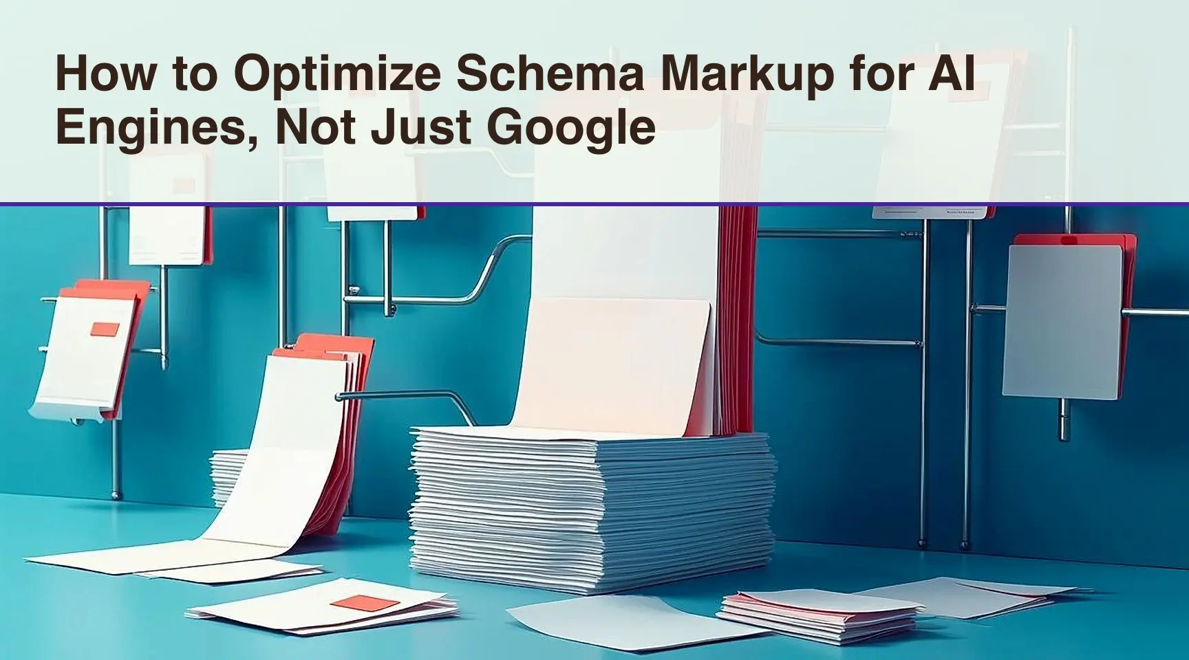 How to Optimize Schema Markup for AI Engines, Not Just Google: A technical mapping desk contrasting organized source cards against loose sheets.