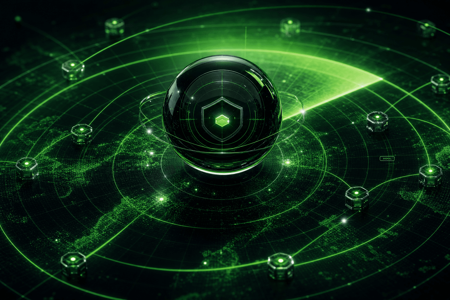 Abstract AI visibility monitoring concept with signal tokens converging into a proof path in a emerald radar signal field