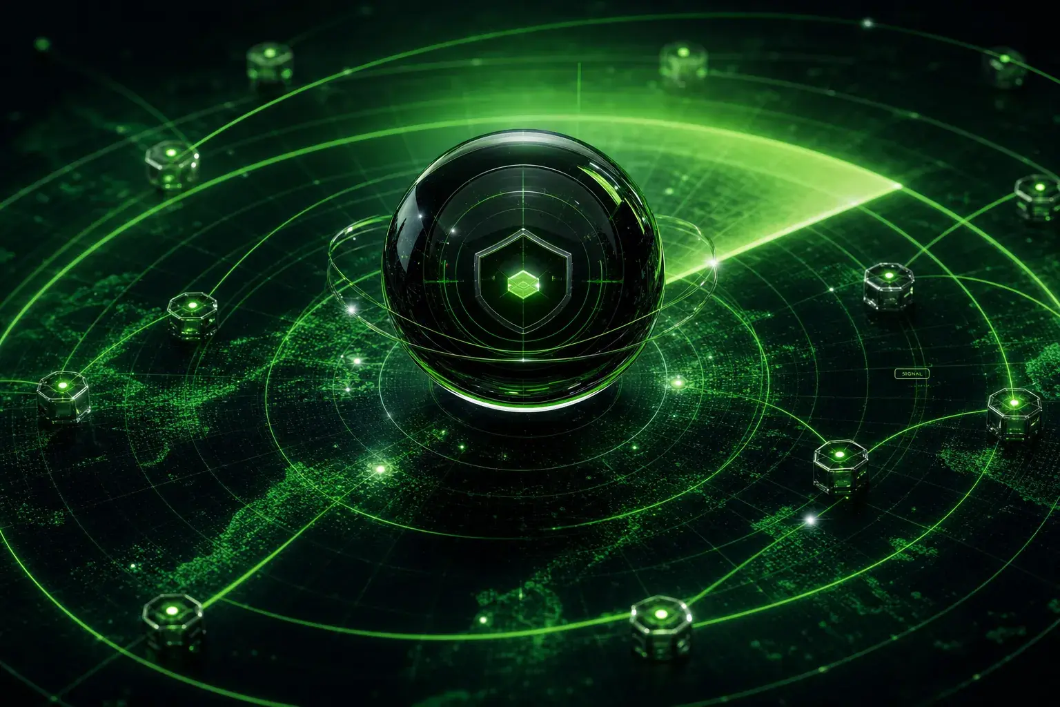Abstract AI visibility monitoring concept with signal tokens converging into a proof path in a emerald radar signal field