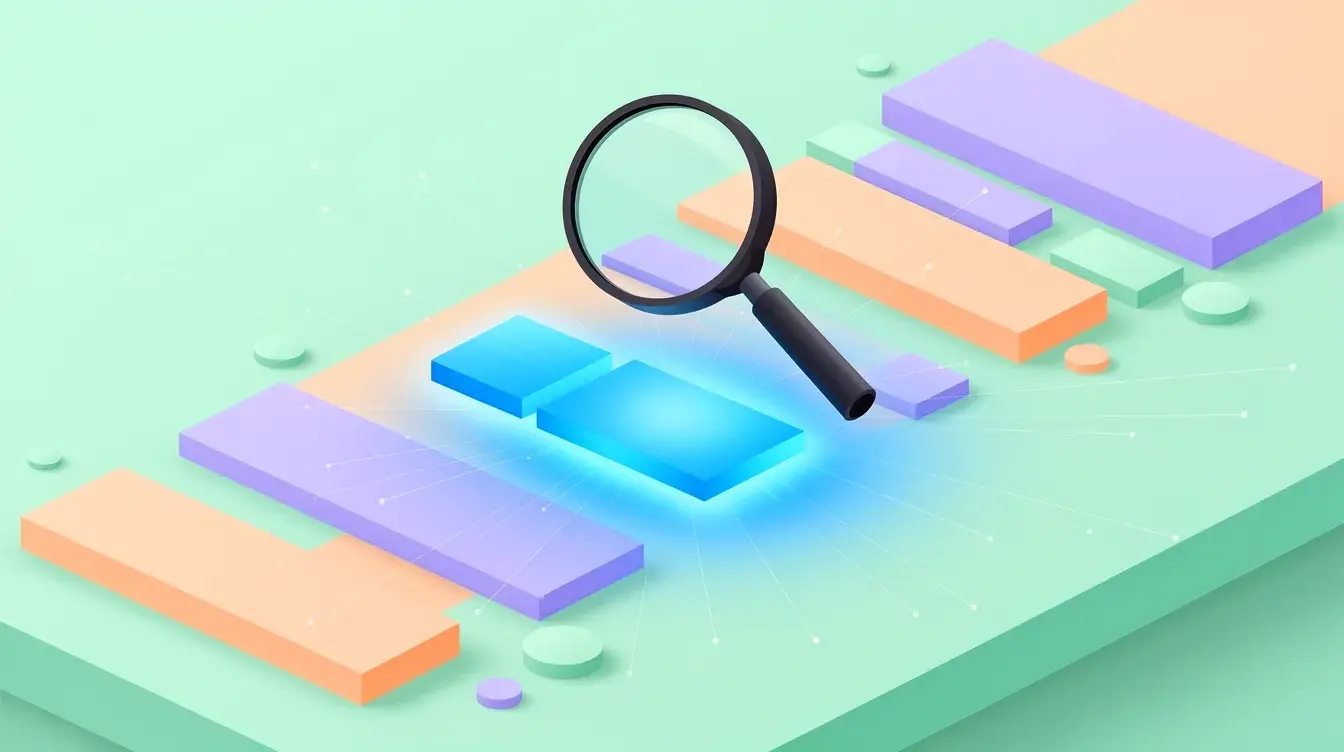 Magnifying glass inspecting Google AI Overview search result highlights โ Review Improve Search Citations.