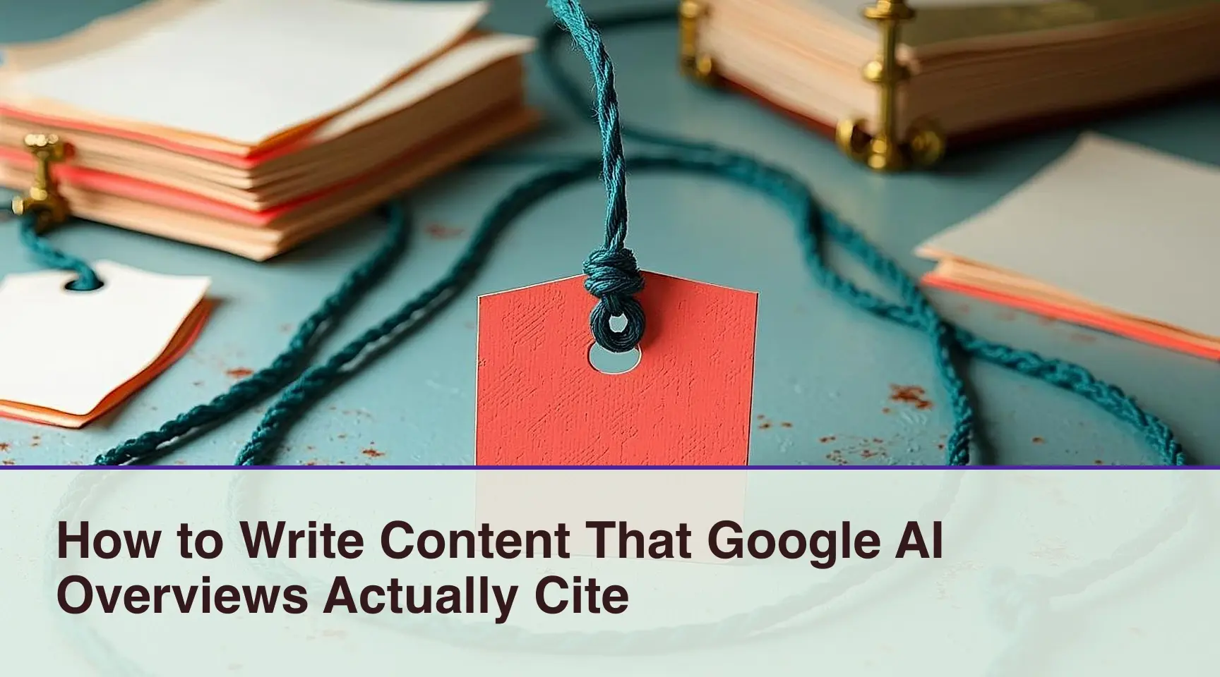 How to Write Content That Google AI Overviews Actually Cite: A clean, overhead archival arrangement showing a precise selection process where only source cards bearing physical.