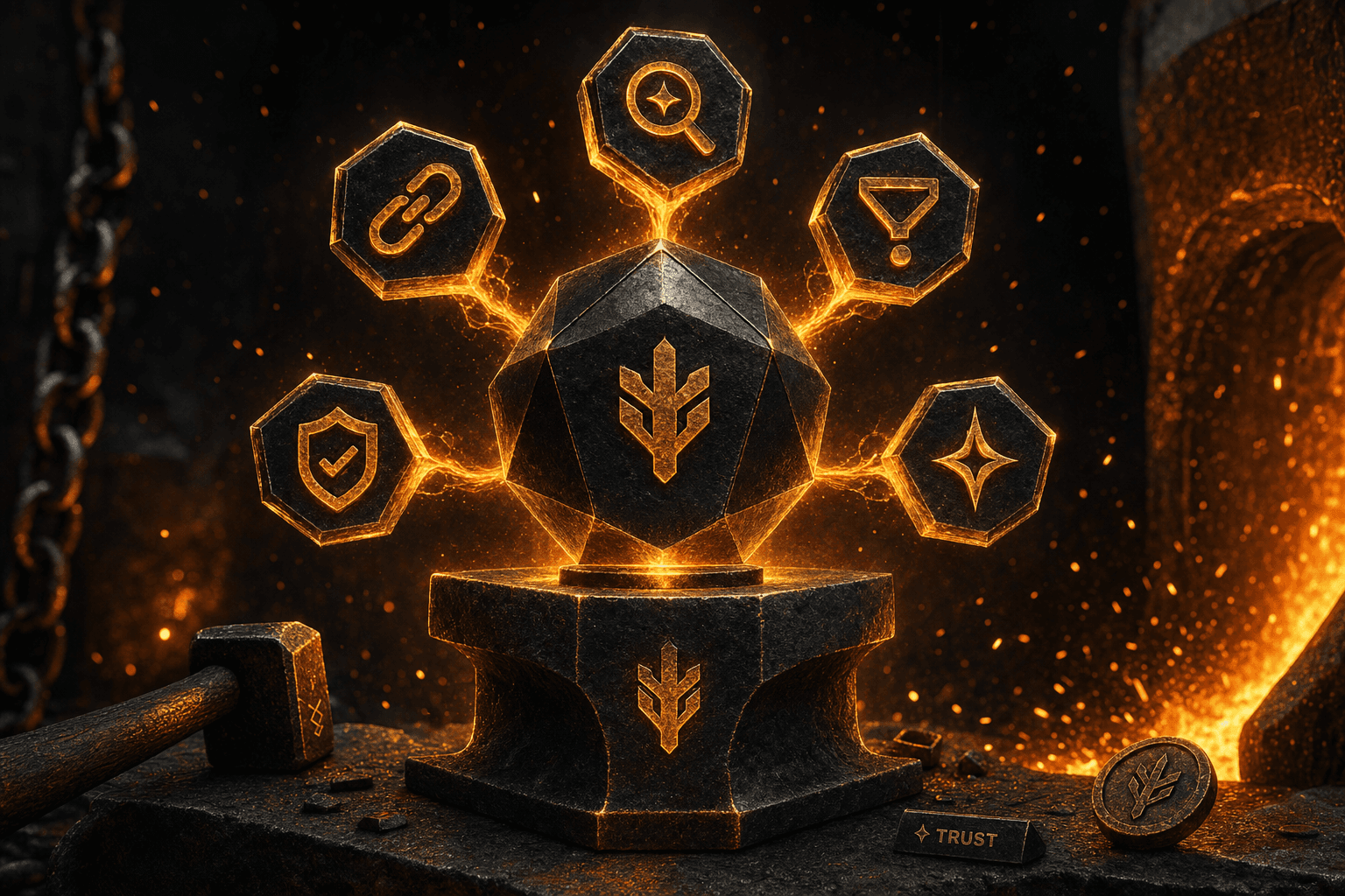 Abstract operator scorecard concept with source blocks, proof tokens, and one validated decision route in an amber black proof forge