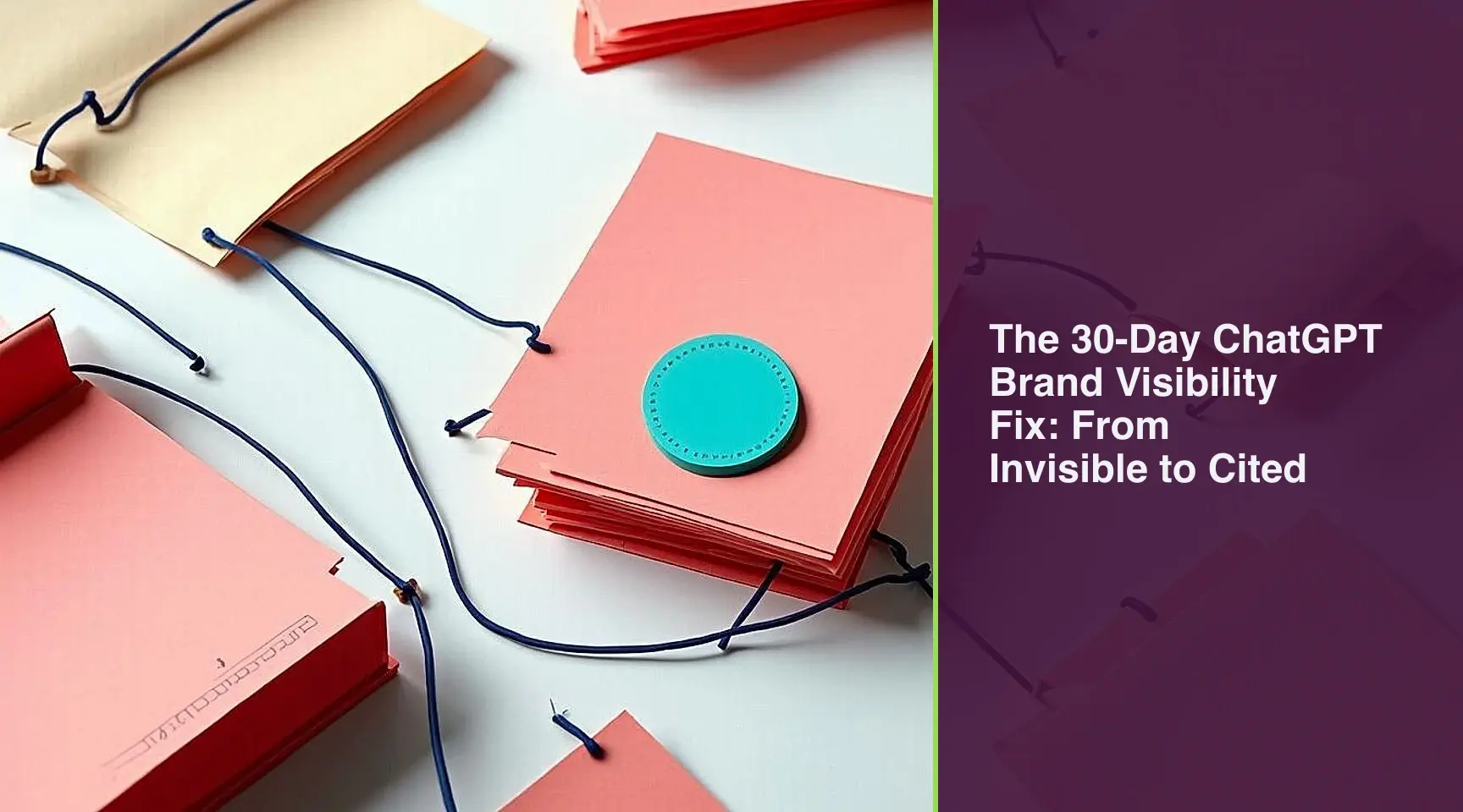 The 30-Day ChatGPT Brand Visibility Fix: From Invisible to Cited: An overhead view of an editorial desk organizing a routing system where clearly defined index cards with proof.
