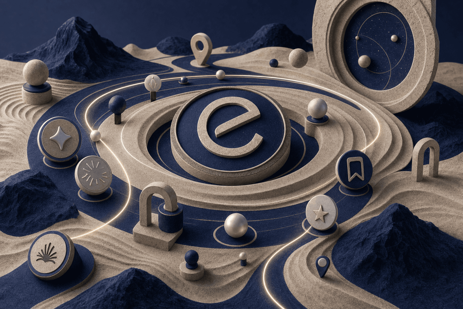 Abstract citation selection concept with source blocks and a glowing chosen route in a indigo sand orbital archive