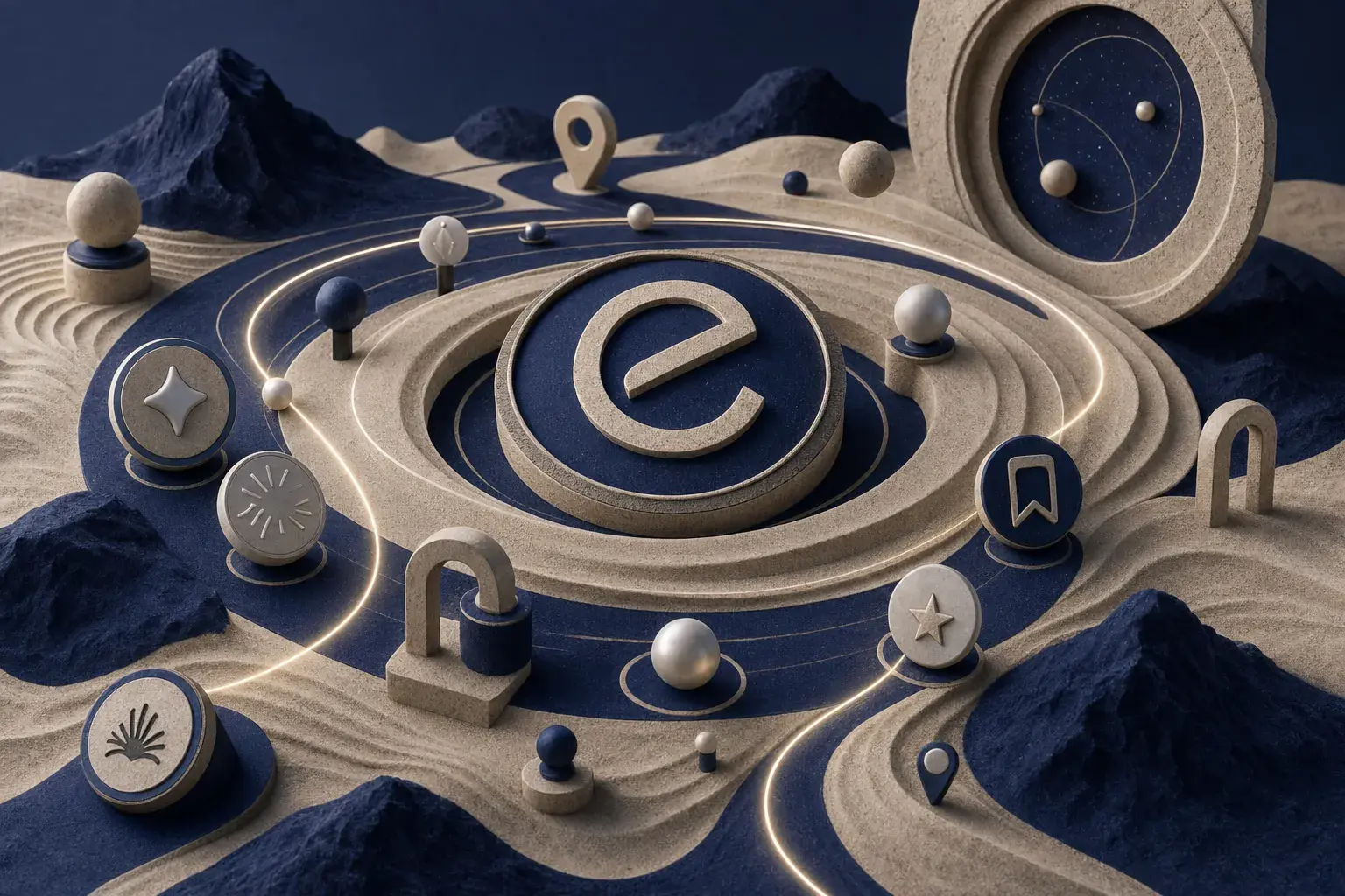 Abstract citation selection concept with source blocks and a glowing chosen route in a indigo sand orbital archive