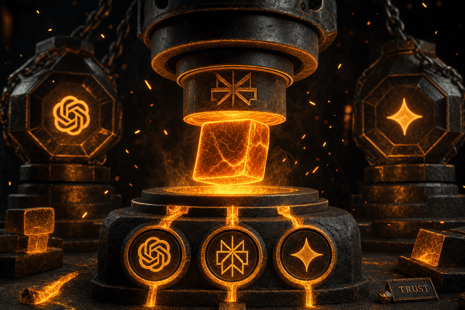 Abstract citation selection concept with source blocks and a glowing chosen route in an amber black proof forge