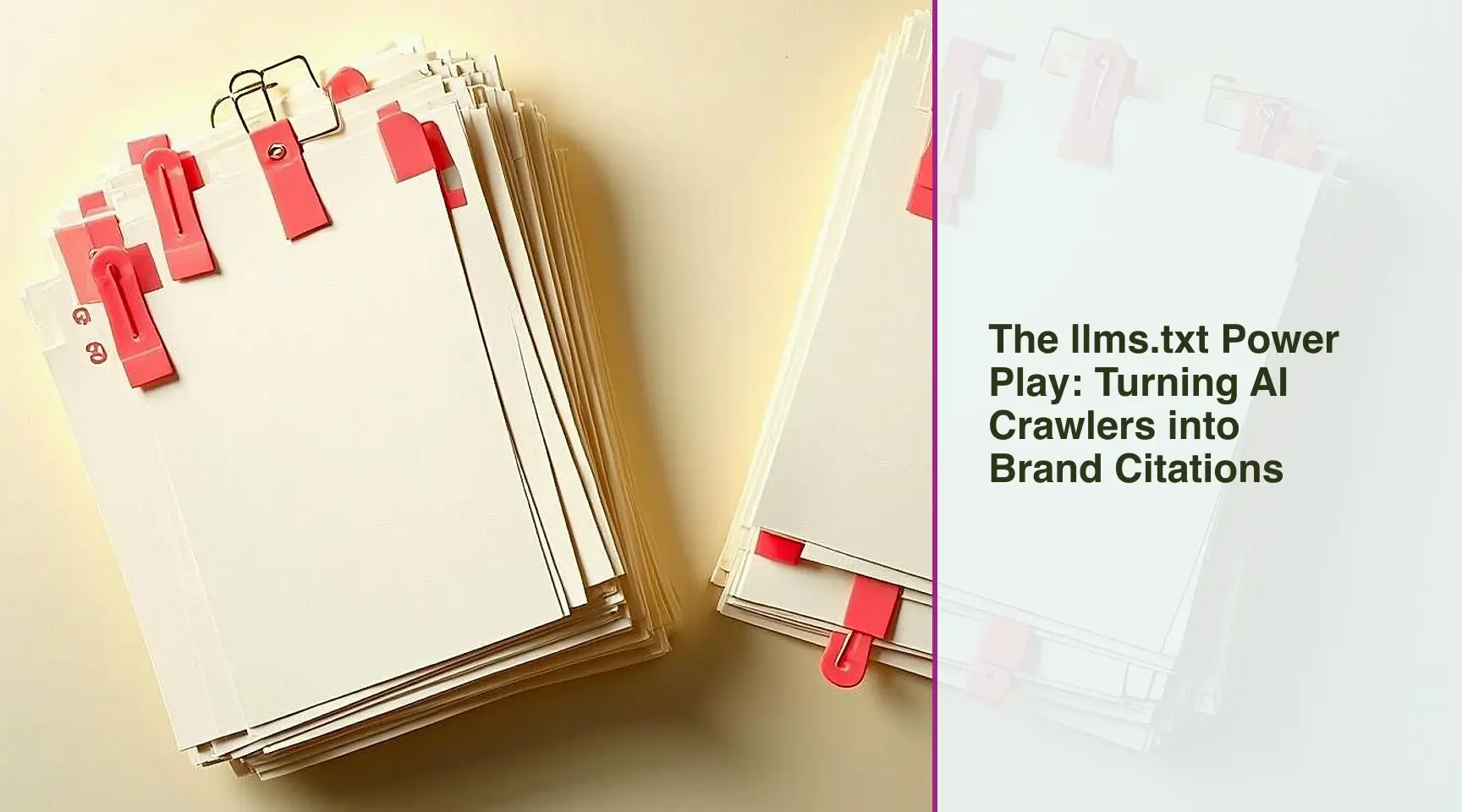 The llms.txt Power Play: Turning AI Crawlers into Brand Citations: An overhead editorial arrangement on a warm paper surface contrasting curated source cards with coral tabs.