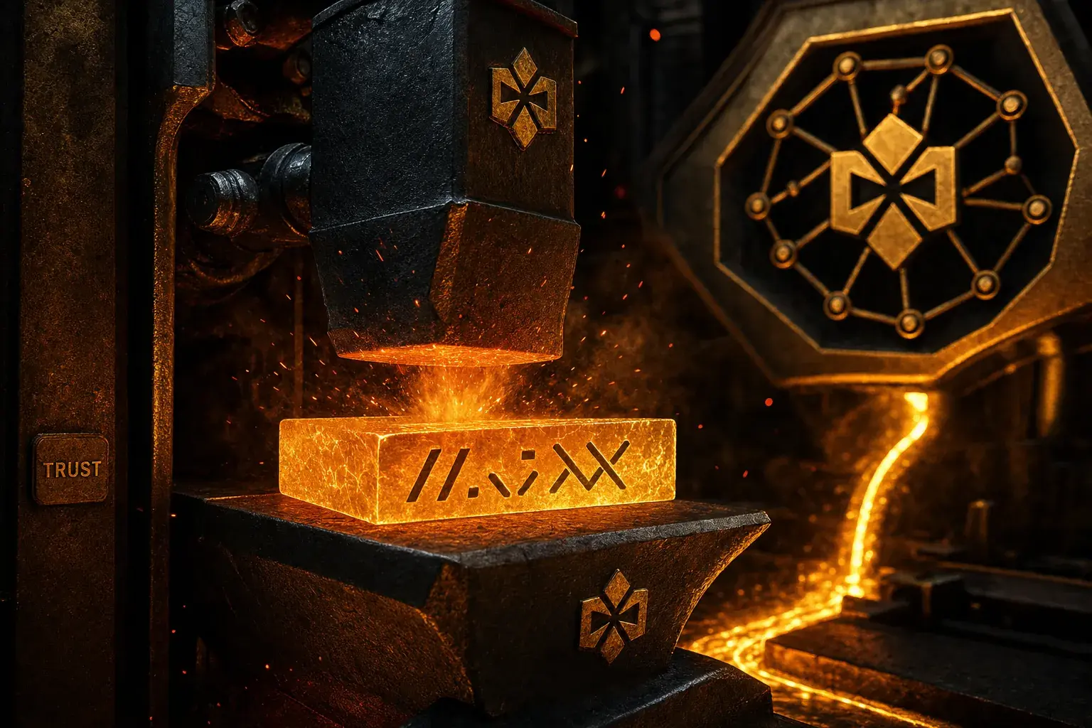 Abstract llms.txt guidance structure with authority tokens and a glowing trusted route in an amber black proof forge