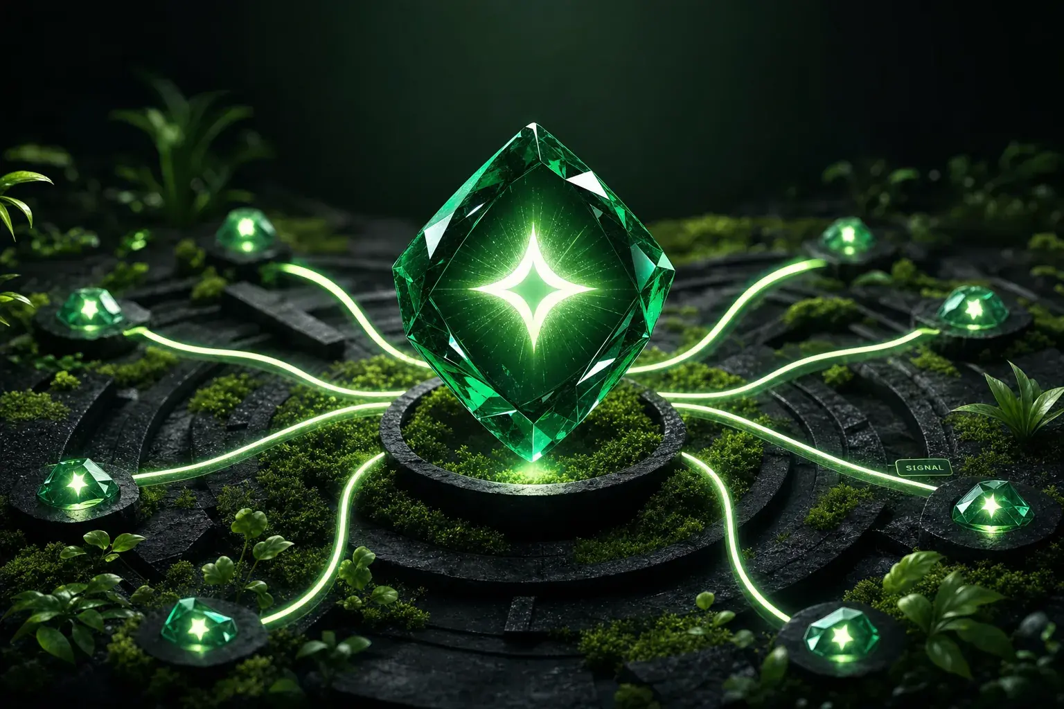 Abstract citation selection concept with source blocks and a glowing chosen route in a emerald signal garden