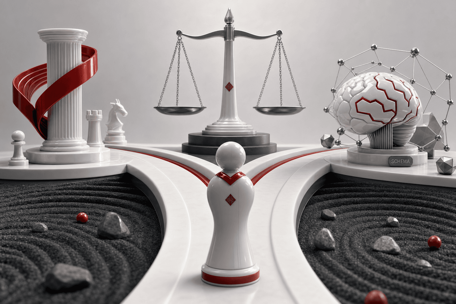 Abstract citation selection concept with source blocks and a glowing chosen route in a porcelain red validator model
