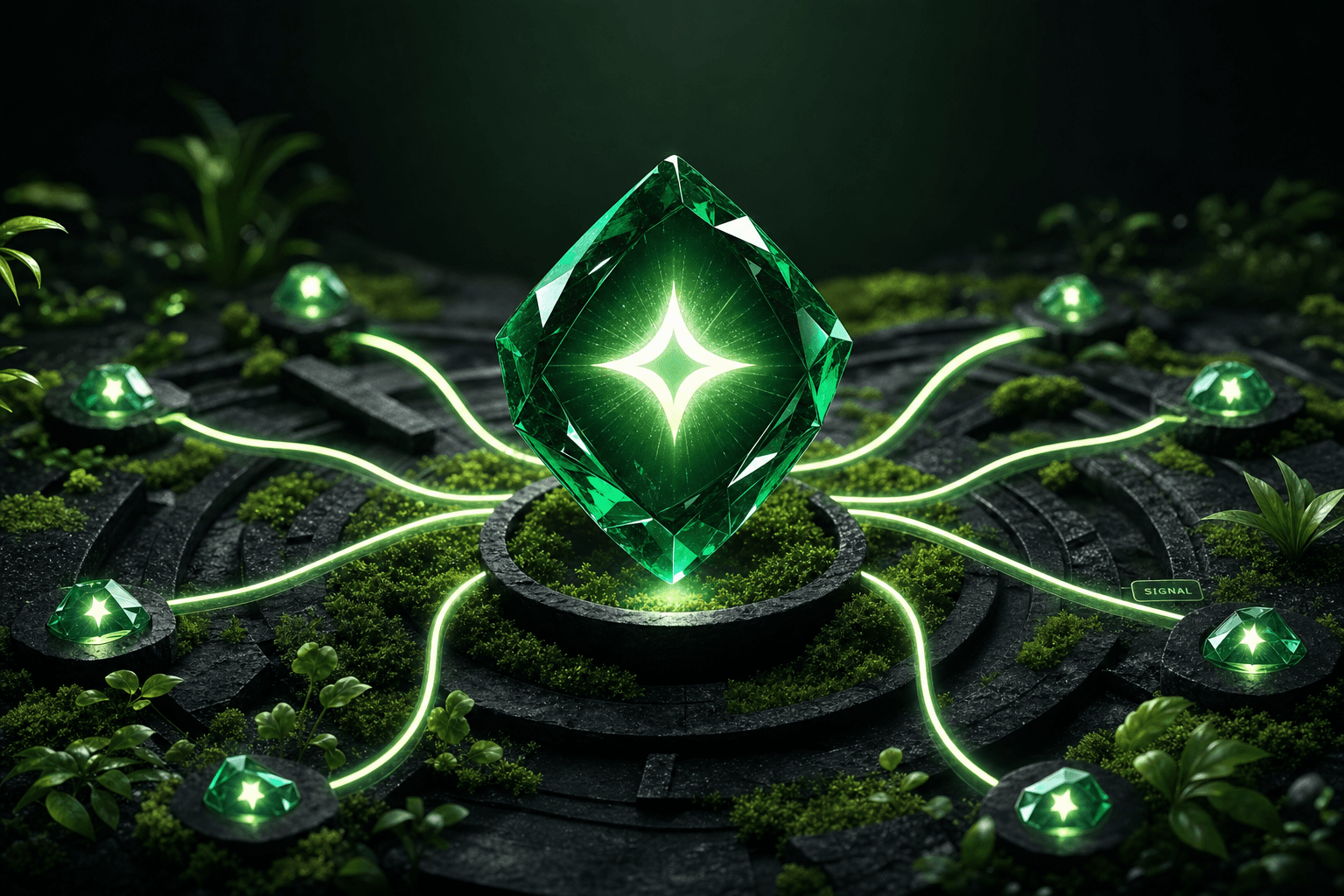 Abstract schema architecture with validator tokens and a glowing trusted route in an emerald signal garden