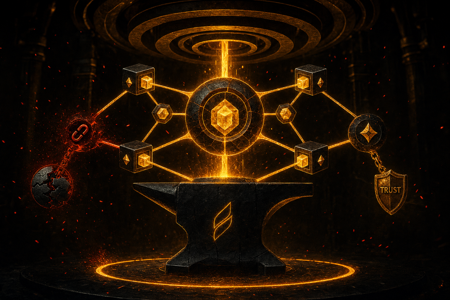 Abstract schema architecture with validator tokens and a glowing trusted route in an amber black proof forge